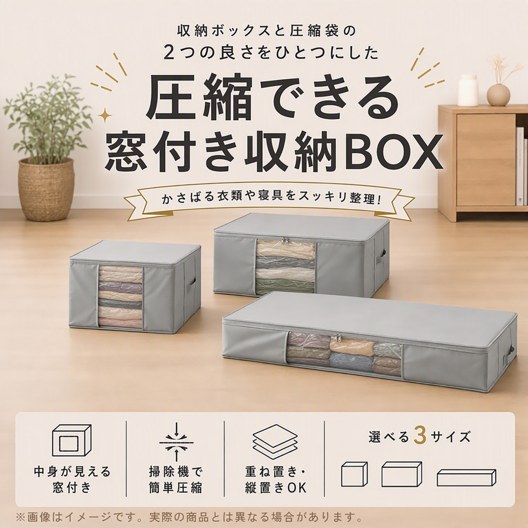 圧縮できる窓付き収納BOX L